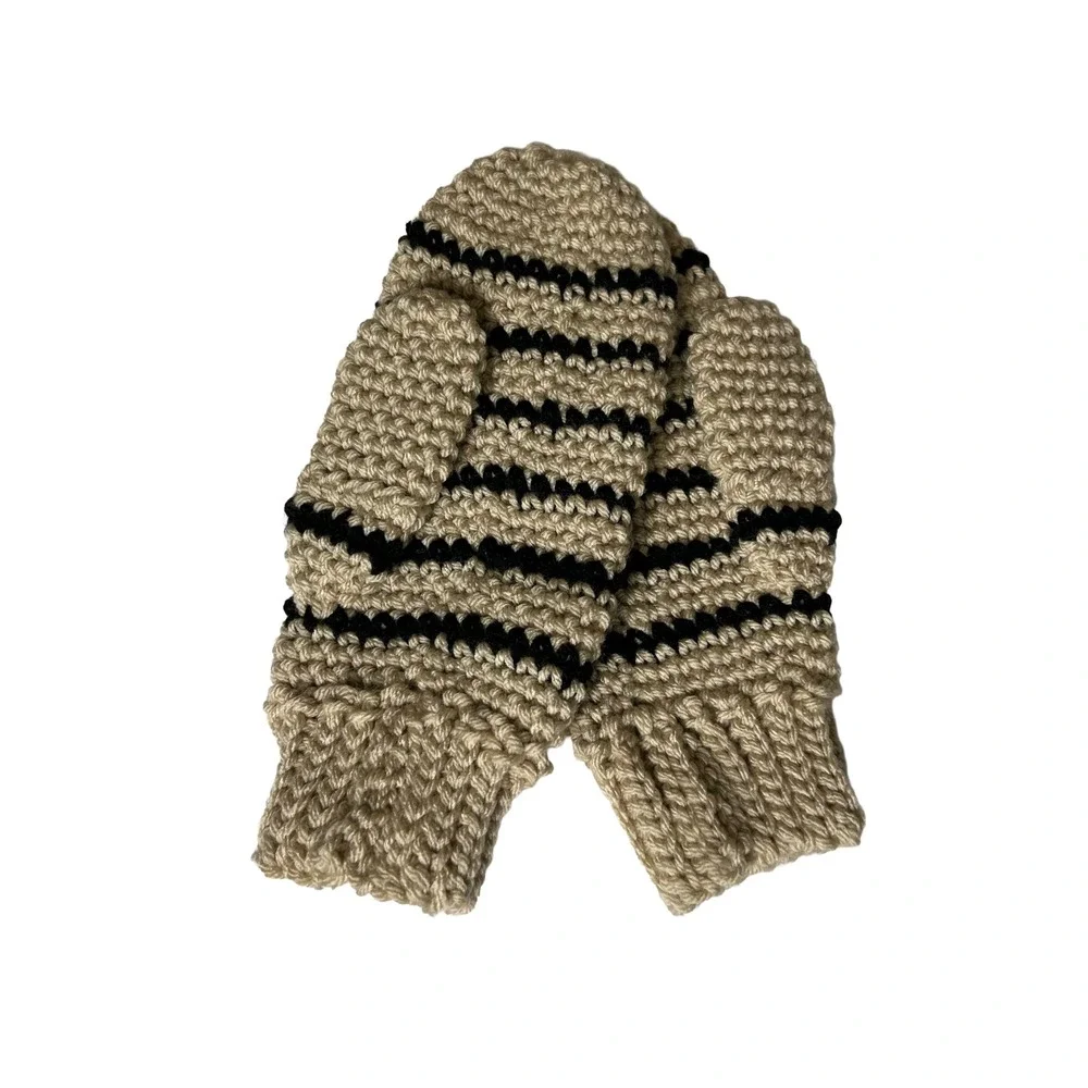 NWOT Handmade Crochet Striped Mittens‎ Beige Black Chunky Knit One Size